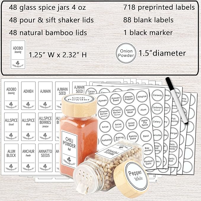 SWOMMOLY 48 Glass Spice Jars with 806 White Spice Labels, Square Spice Bottles 4 oz Empty Spice Containers with Bamboo Lids, Chalk Marker and Funnel Complete Set. - Image 2