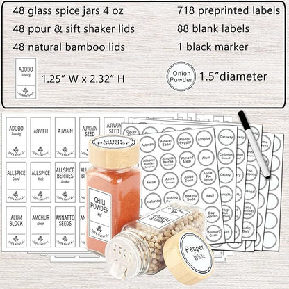 SWOMMOLY 48 Glass Spice Jars with 806 White Spice Labels, Square Spice Bottles 4 oz Empty Spice Containers with Bamboo Lids, Chalk Marker and Funnel Complete Set. - Image 2