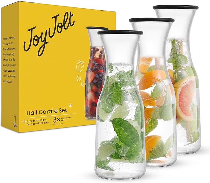 JoyJolt Glass Carafe with Lid, Set of 3 – 1 Liter Glass Pitcher for Mimosa Bar, Water, Iced Tea, Juice, Wine, Lemonade, Milk – Dishwasher Safe Beverage Drink Dispensers for Brunch, Parties - Image 8