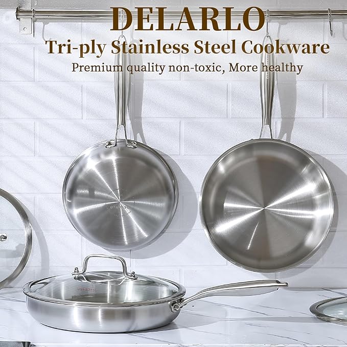 DELARLO Tri-Ply Stainless Steel Pan, 18/10 Frying Pan, Oven Safe Up to 600°F, Nontoxic Cookware, Compatible with All Cooktops Skillet, Durable, Fast Even Heat Fry Pan,9" Pan with Lid - Image 6