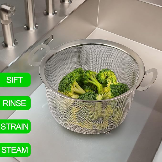 Tiawudi 2 Pack Strainers for Kitchen, 18/8 Stainless Steel Colander with Handles, Fine Mesh Strainer for Pasta, Rice and Fruit, Sieve with Resting Feet to Strain, Rinse, Steam or Cook Vegetables