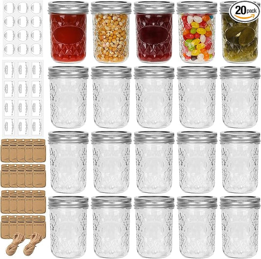 Eathtek 8 oz Mason Jars 20 Pack, 240ml Mini Canning Jars with Regular Lids for Jelly Herbs Spice Honey Storage, Small Glass Jars Candle jars, Extra Lids Tags Label Included