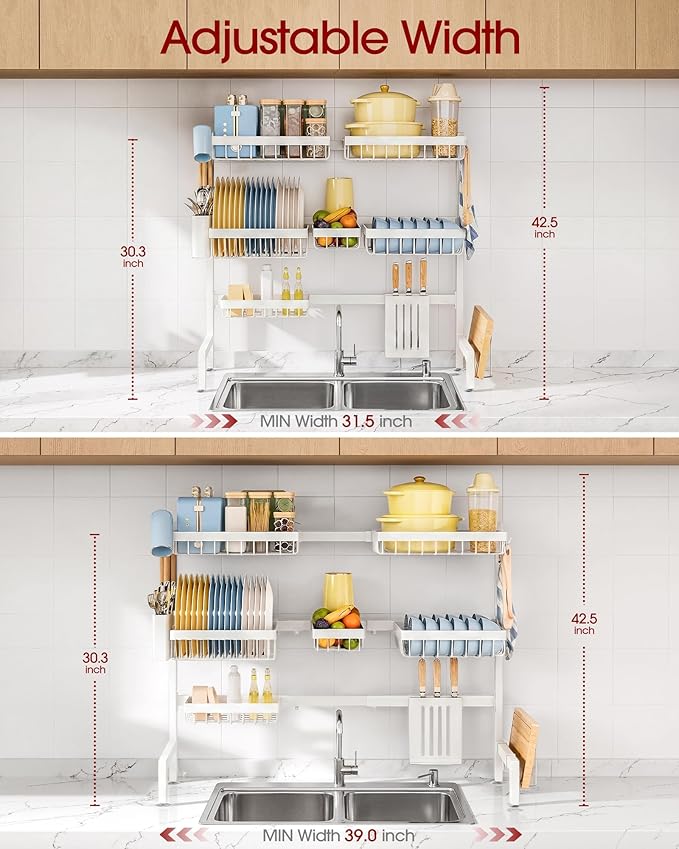 Sakugi Dish Drying Rack - Over The Sink Dish Drainer Drying Rack with Utensil & Knife Holder, Hooks, Stainless Steel Kitchen Organizers and Storage Solution, 11.8" D x 31.5"~39.0''W x 30" H, White - Image 3