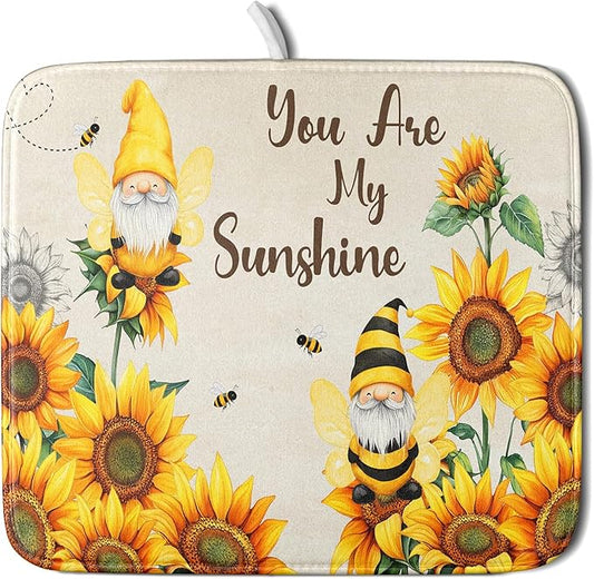 Giwawa Bee Gnomes Dish Drying Mat, Summer Sunflowers Elf Dish Drainer Mats for Kitchen Countertop, Vintage Sunshine Floral Absorbent Reversible Dish Drying Pad Decor, 16x18inches, Small
