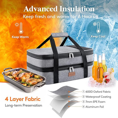 Lifewit Insulated Double Decker Casserole Carrier, Expandable Lasagna Lugger Tote Bag for Hot or Cold Food, Fits 9" x 13" Baking Dish for Potluck Parties, Picnic and Cookouts, Grey