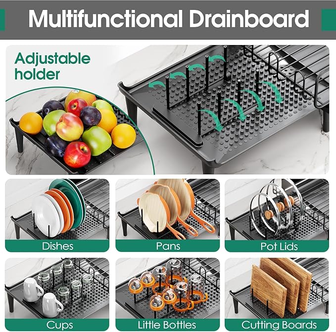 Large Extendable Dish Drying Rack, 16.93" to 26.57" Expandable Dish Rack for Kithen Counter, with Multifunctional Drainboard, Fits Any Sink, Heavy-Duty Steel Plate Drainer for Countertop Organization - Image 4