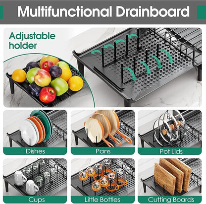 Large Extendable Dish Drying Rack, 16.93" to 26.57" Expandable Dish Rack for Kithen Counter, with Multifunctional Drainboard, Fits Any Sink, Heavy-Duty Steel Plate Drainer for Countertop Organization - Image 4