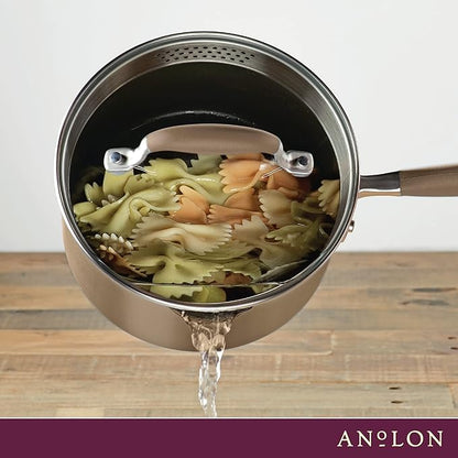 Anolon Advanced Home Hard Anodized Nonstick Sauce Pan/Saucepan with Straining and Lid, 2 Quart (2 Qt Straining Saucepan, Bronze)
