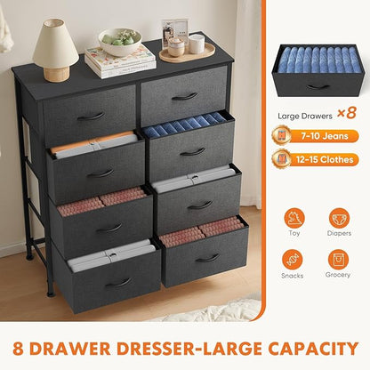 Sweetcrispy Dresser for Bedroom, Fabric Dresser with 8 Drawers, Chest of Drawers for Closet, Living Room, Sturdy Steel Frame, Wooden Top, Easy Pull Handle, Ash