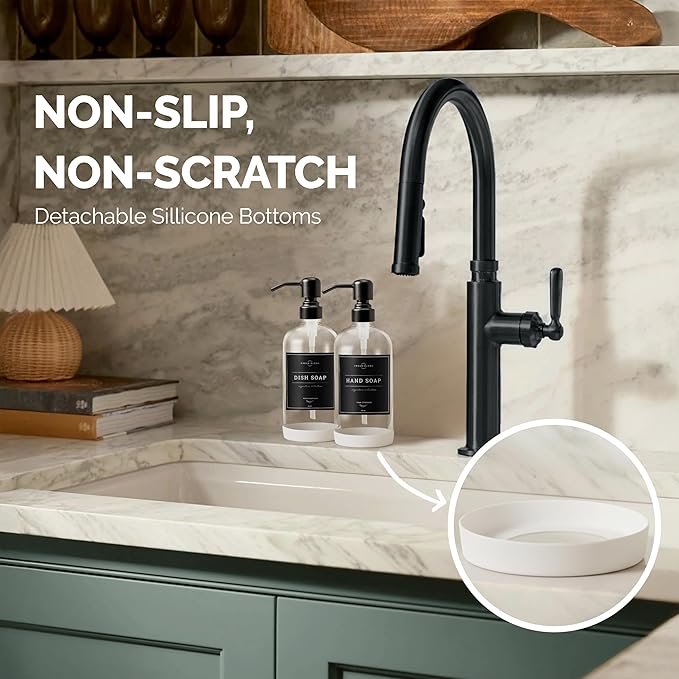 Vine Creations Clear Glass Soap Dispenser, 2 Pack Kitchen Soap Dispenser Set with Stainless Steel Pump, 16 oz Dish Soap and Hand Soap Dispensers for Bathroom with Waterproof Labels - Image 3