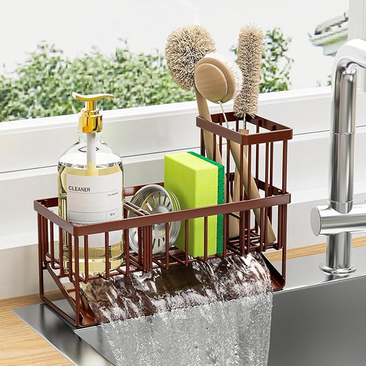 Cisily Kitchen Sink Caddy, Sponge Holder for Kitchen Sink, Kitchen Sink Organzier and Storage with High Brush Holder, Rustproof 304 Stainless Gadgets Sink Accessories(Brown) by CISILYHOMELIFE