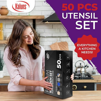 Kaluns 50 PCS Silicone Kitchen Utensils Set Complete Kitchen Set - 800°F Heat Resistant Non-Stick Premium Cooking Utensils W Wooden Handles - Can Opener, Masher, Turner, Silicone Spatula Set - Image 4