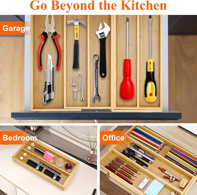 Large Bamboo Silverware Drawer Organizer Tray Kitchen Tool Drawer Divider Organizers Storage Expandable Cooking Utensil Organizer Wooden Cutlery Tray Spoon Flatware Organizers Utensil Holder Drawers - Image 3