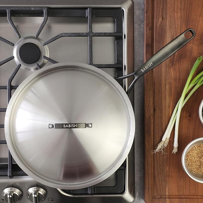 Babish 12-Inch Tri-Ply Stainless Steel Frying Pan with Lid & Black Handle – Professional Grade Skillet for Searing, Sautéing & Even Heat Cooking - Image 4
