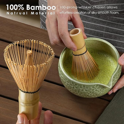 7Pcs Matcha Whisk Set, Matcha Set Whisk and Bowl,Bamboo Scoop, Scoop Rest, Sifter and Tea Towel, Matcha Kit W/Carved Cherry Blossm Pattern for Matcha Lovers (Sakura Green)