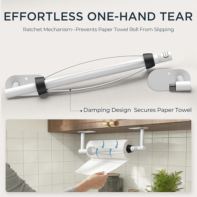 FORIOUS Paper Towel Holder Under Cabinet, One Hand Operable with Ratchet System for Easy Tear, No Drill Adhesive or Drill Wall Mount, 304 Stainless Steel for Kitchen Bathroom RV Garage, White - Image 9