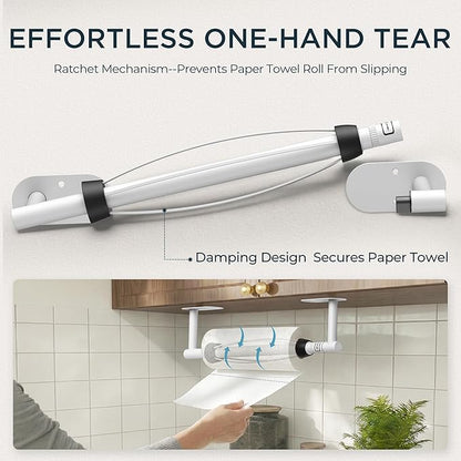 FORIOUS Paper Towel Holder Under Cabinet, One Hand Operable with Ratchet System for Easy Tear, No Drill Adhesive or Drill Wall Mount, 304 Stainless Steel for Kitchen Bathroom RV Garage, White - Image 9