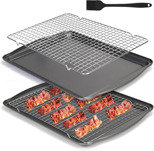 Baking Sheet with Wire Rack, 17 x 12 Inch Nonstick Cookie Sheets Pan Set with Cooling Racks for Cooking and Baking, Carbon Steel Baking & Cookie Sheet Pan Oven Tray Non Toxic (2 Pans + 2 Raised Racks)