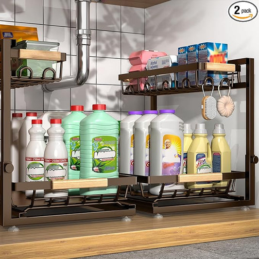 Sevenblue 2 Packs Under Sink Organizer, Height Adjustable 2 Tier Under Kitchen Sink Organizer, Multi-Purpose Storage Shelf for Kitchen Bathroom Cabinet (Brown, Extra Large) by Sevenblue