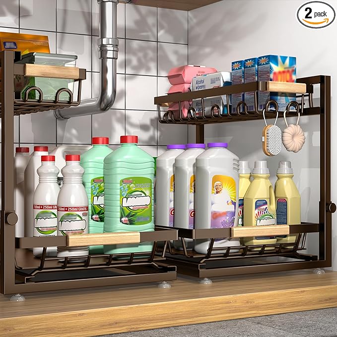 Sevenblue 2 Packs Under Sink Organizer, Height Adjustable 2 Tier Under Kitchen Sink Organizer, Multi-Purpose Storage Shelf for Kitchen Bathroom Cabinet (Brown, Large) by Sevenblue
