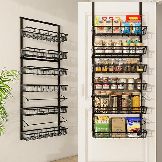 Mefirt Over The Door Pantry Organizer, Pantry Storage and Organization, 6-Tier Adjustable Hanging Baskets, Metal Wall Mount Spice Rack Seasoning Shelves for Home & Kitchen, Laundry Bathroom - Black by Mefirt
