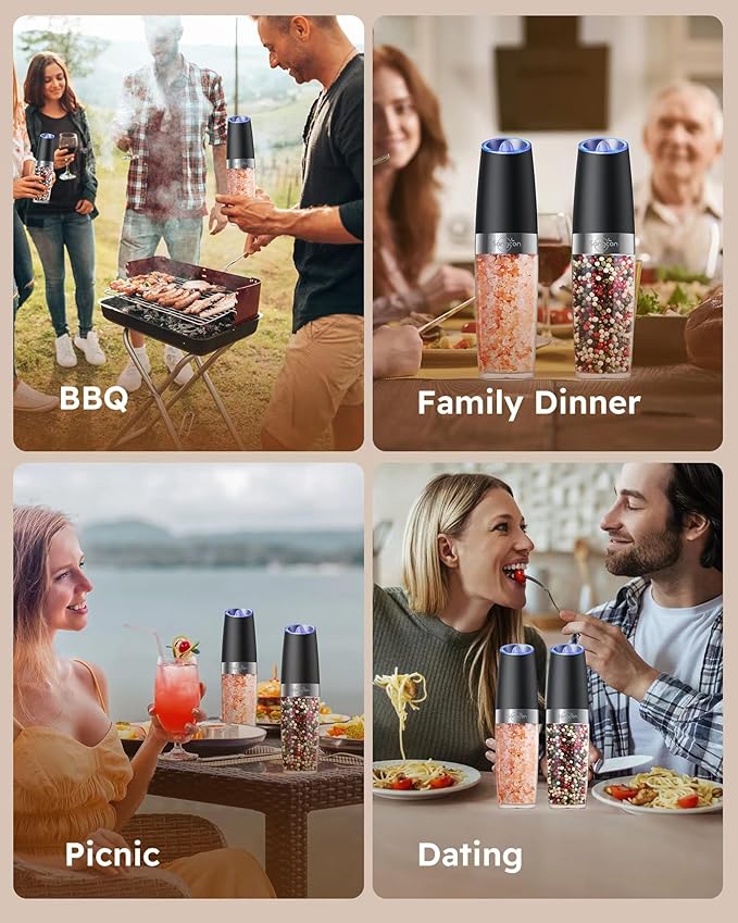 Sangcon Gravity Electric Salt and Pepper Grinder Set Shakers UPGRADED 9OZ XL CAPACITY Battery Powered Refillable Automatic One Hand Operation Adjustable Coarseness Mill Grinder Set for Kitchen - Image 8