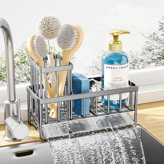 Kitsure Sponge Holder for Kitchen Sink - Rustproof Stainless Steel Sink Caddy Organization and Storage Essentials with High Brush Holder, Home Decor Accessories, 7.9" x 3.7" x 6.2", Silver by Kitsure