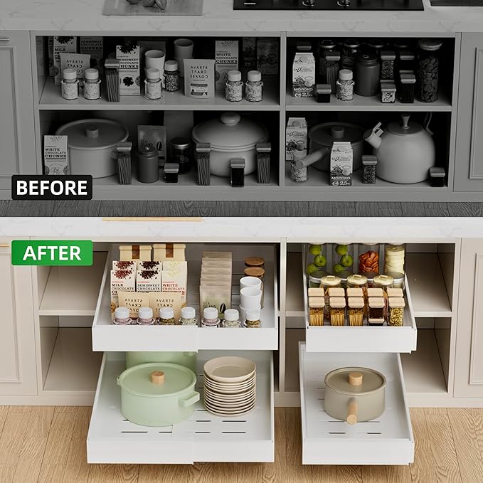 PAKETA 4 Pack Expandable Pull Out Cabinet Organizer, 21'' Deep Pull Out Drawers for Cabinet, Upgrade 3 Slide Rails Sliding Drawers for Cabinets with Adhesive Nano Film (White, 21"D X 9-14"W) - Image 3