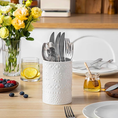 LOVECASA Utensil Holder, 7.2"+5.4" Ceramic Utensil Holder for Countertop, Large Cooking Utensil Crocks for Kitchen Counter, Farmhouse Utensil Vase for Housewarming, Kitchen Decor, Set of 2, Snow - Image 8