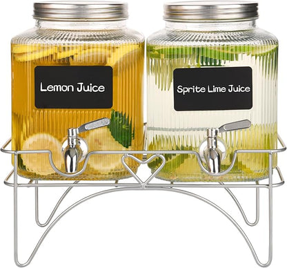 Lulonpon 2 x 4L(1.06 Gallon) Glass Drink Dispenser, Beverage Dispenser with Stainless Tap, Glass Water Juice Dispensers with Metal Stand, Water Jug with Tap Perfect for Parties,Weddings,Birthdays by Lulonpon