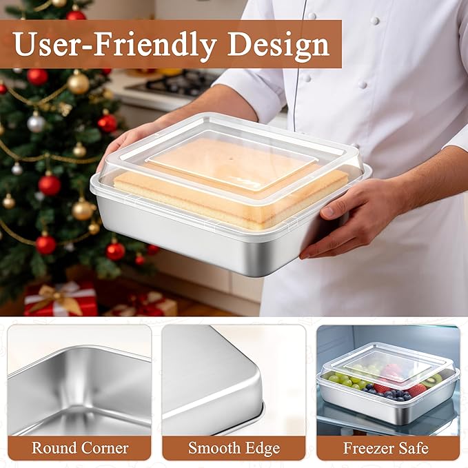 LIANYU 9 x 9 Inch Square Baking Pan, 2 Pack Stainless Steel Square Cake Pan Set with Lid, Metal Bakeware for Bread Lasagna Brownie, Dishwasher Safe & Easy Cleaning (2 Pans + 2 Lids)