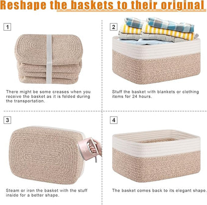OIAHOMY 4 Pack Storage Baskets for Organizing, Small Bins for Shelves, Cute Decorative Storage Bins, Organizer Baskets for Gifts Empty, 14.2''Lx11''Wx6.3''H, Brown/White