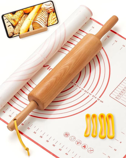 Classic Wood Rolling Pin, 17" Rolling Pins for Baking with Silicone Mat and Adjustable Thickness Rings, Pasta Roller with Wood Base, Fondant Roller for Pie Crust, Cookies, Pizza Dough and Bread by Vinoil