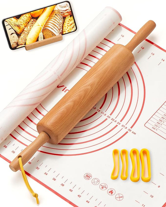 Classic Wood Rolling Pin, 17" Rolling Pins for Baking with Silicone Mat and Adjustable Thickness Rings, Pasta Roller with Wood Base, Fondant Roller for Pie Crust, Cookies, Pizza Dough and Bread by Vinoil