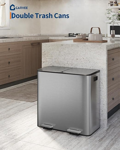 Garvee Double Trash Can, 2 x 10.6 gal (2 x 40 L) Garbage Can for Kitchen Dual Compartment Recycling Kitchen Step Trash Bin, Stainless Steel Trash and Recycle Bin Combo with Soft-Close Lid,Matte Grey - Image 4