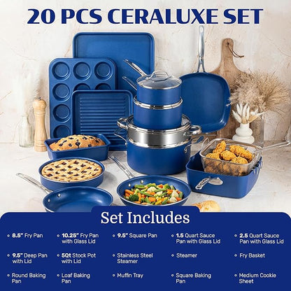 Granitestone Ceraluxe 20 Pc Ceramic Cookware Set Nonstick, Complete Pots and Pans Set Non Stick with 5 Pc Bakeware Set, Deep Frying Pan Set, & Steamer, Non Toxic PFOA Free, Oven & Dishwasher Safe - Image 2