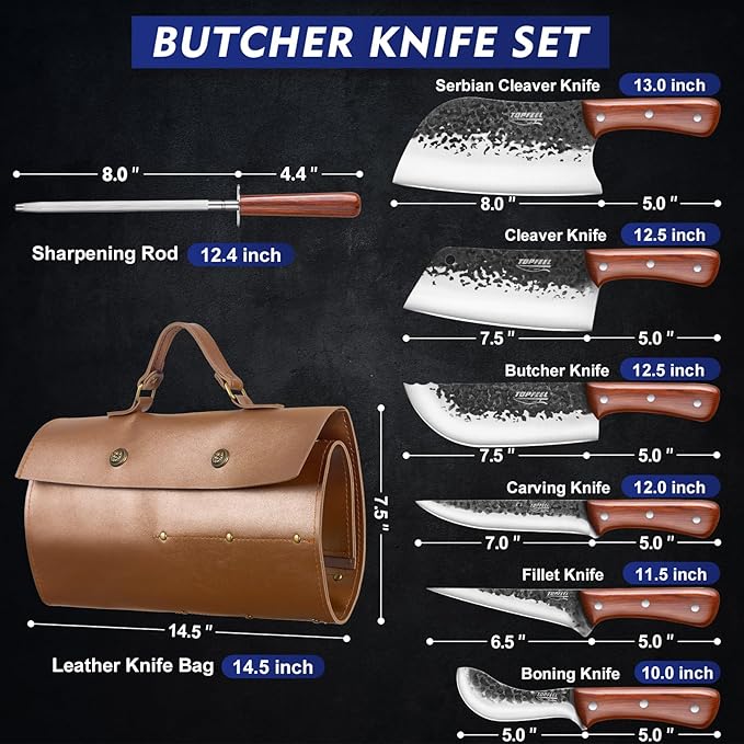 Topfeel 8PCS Chef Butcher Fish Knife Set for Meat Cutting with Roll Bag, Hand Forged Meat Cleaver Knife Boning Carving Knife Set for Home、Camping、BBQ - Image 2