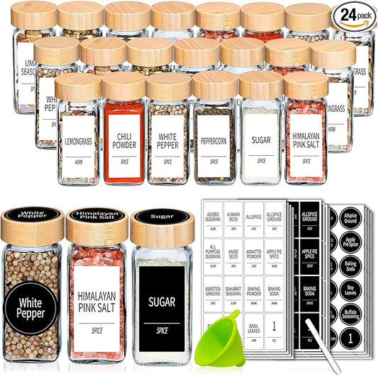 Churboro 24 Spice Jars with Labels & Bamboo Lids - 4 Oz Glass Containers with Shaker Lids, 547 Spice Labels of 3 Different Types Seasoning Jars for Spice Rack, Cabinet, or Drawer by Churboro