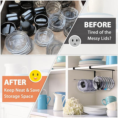 2 Pack Tumbler Lid Organizer, Horizontal Tumbler Lid Storage Hook Up to 20 Lids, Space Saving Cup Lid Holder Under Cabinet Tumbler Lid Hook for Kitchen Organizer, Paper Towel Hanger(Round&Flat, Black) - Image 5