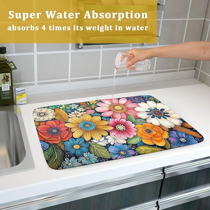 Giwawa Boho Flower Dish Drying Mat, Colorful Floral Leaf Dish Drainer Mats, Rustic Wildflower Plant Botanical Reversible Dish Drying Rack Pad Protector for Kitchen Countertop Decor, 18"x24"
