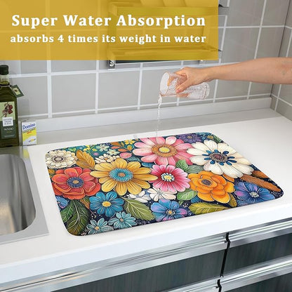 Giwawa Boho Flower Dish Drying Mat, Colorful Floral Leaf Dish Drainer Mats, Rustic Wildflower Plant Botanical Reversible Dish Drying Rack Pad Protector for Kitchen Countertop Decor, 18"x24"