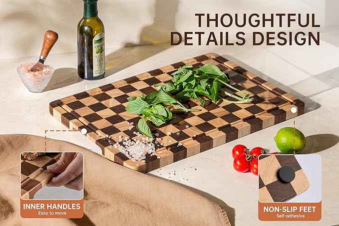 Checkered Cutting Boards for Kitchen, Wooden Chopping Board with Juice Grooves & Handles, Acacia Decorative Cutting Board Butcher Block Serving Tray with Gift Box, 16.5" x 11.6" x 0.8" - Image 5