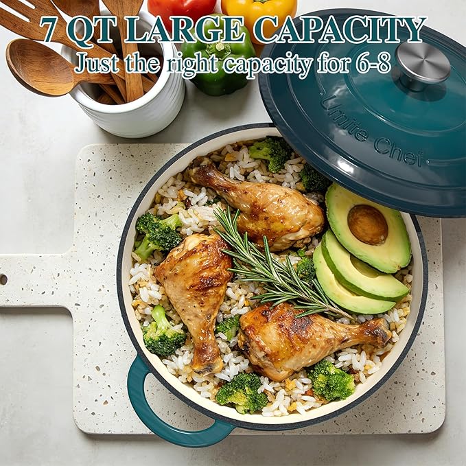 Umite Chef 7QT Enameled Cast Iron Dutch Oven with Lid & Cotton Potholders–Heavy-Duty Cookware for Bread Baking, Braising, Stews, Marinate, Cook(Emerald) - Image 4