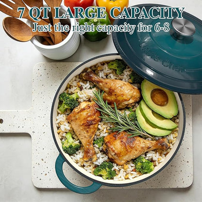 Umite Chef 7QT Enameled Cast Iron Dutch Oven with Lid & Cotton Potholders–Heavy-Duty Cookware for Bread Baking, Braising, Stews, Marinate, Cook(Emerald) - Image 4