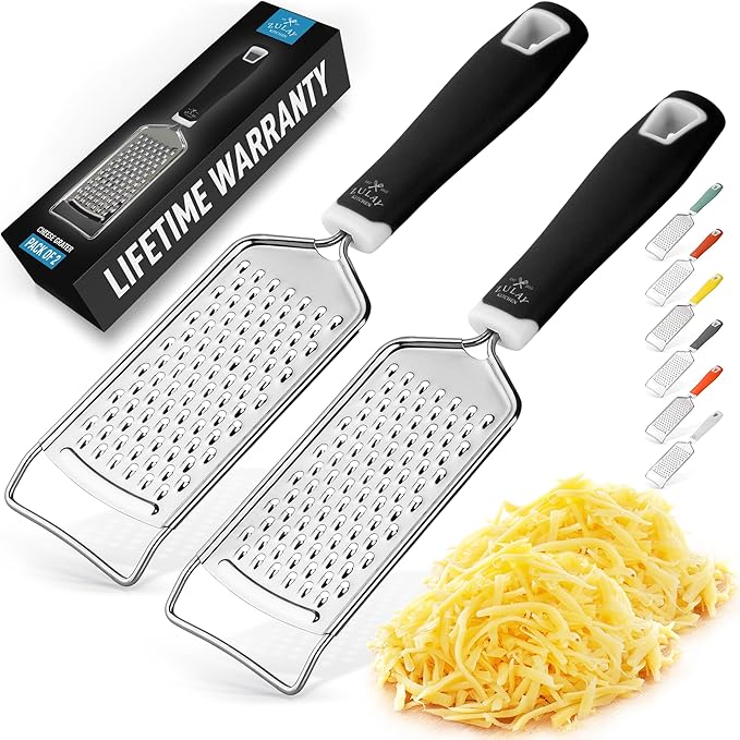 Zulay Kitchen Professional Cheese Grater Stainless Steel - Durable Rust-Proof Metal Lemon Zester Grater With Handle - Flat Handheld Shredder for Parmesan, Chocolate, Spices, And More - 2 Pack - Black by ZulayKitchen