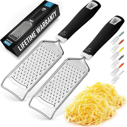 Zulay Kitchen Professional Cheese Grater Stainless Steel - Durable Rust-Proof Metal Lemon Zester Grater With Handle - Flat Handheld Shredder for Parmesan, Chocolate, Spices, And More - 2 Pack - Black by ZulayKitchen