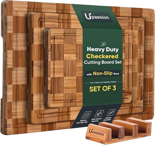 Heavy Duty Bamboo Cutting Board Set 3 Pack Non Toxic Juice Groove Charcuterie Board Book Wood Cutting Boards for Kitchen Solid End Grain Wood Chopping Board Large Butcher Block