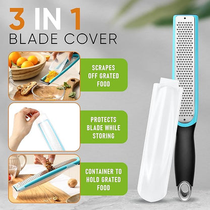 Spring Chef Premium Lemon Zester Grater with Handle - Fruits, Garlic, Chocolate, Ginger Grater - Heavy Duty Kitchen Tool - Stainless Steel Citrus Zester with Blade Cover - Fine Shred - Blue/Black - Image 5