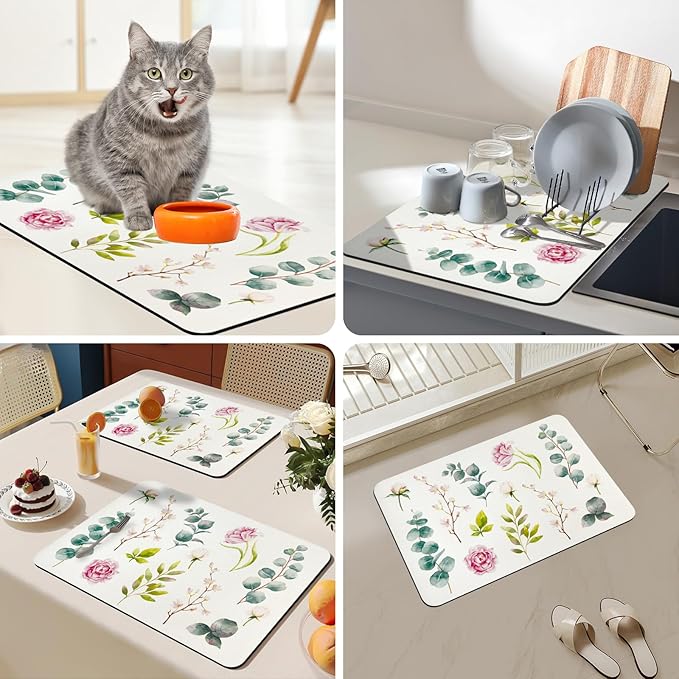 Bloss Drying Mat, Rose Flower Printed Dish Drying Mat for Spring, Kitchen Counter Mat, Absorbent Water Hide Stain Rubber Backed Dish Drying Pad(24"x16", Rose) - Image 4