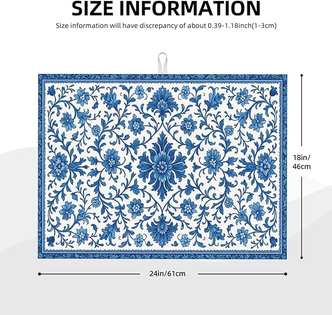 Blue and White Pattern Dish Drying Mats for Kitchen Counter, Large 18"x24" Dish Mats for Drying Dishes, Microfiber Absorbent Dish Drying Pad Rack Mat Kitchen Decor Reusable Washable